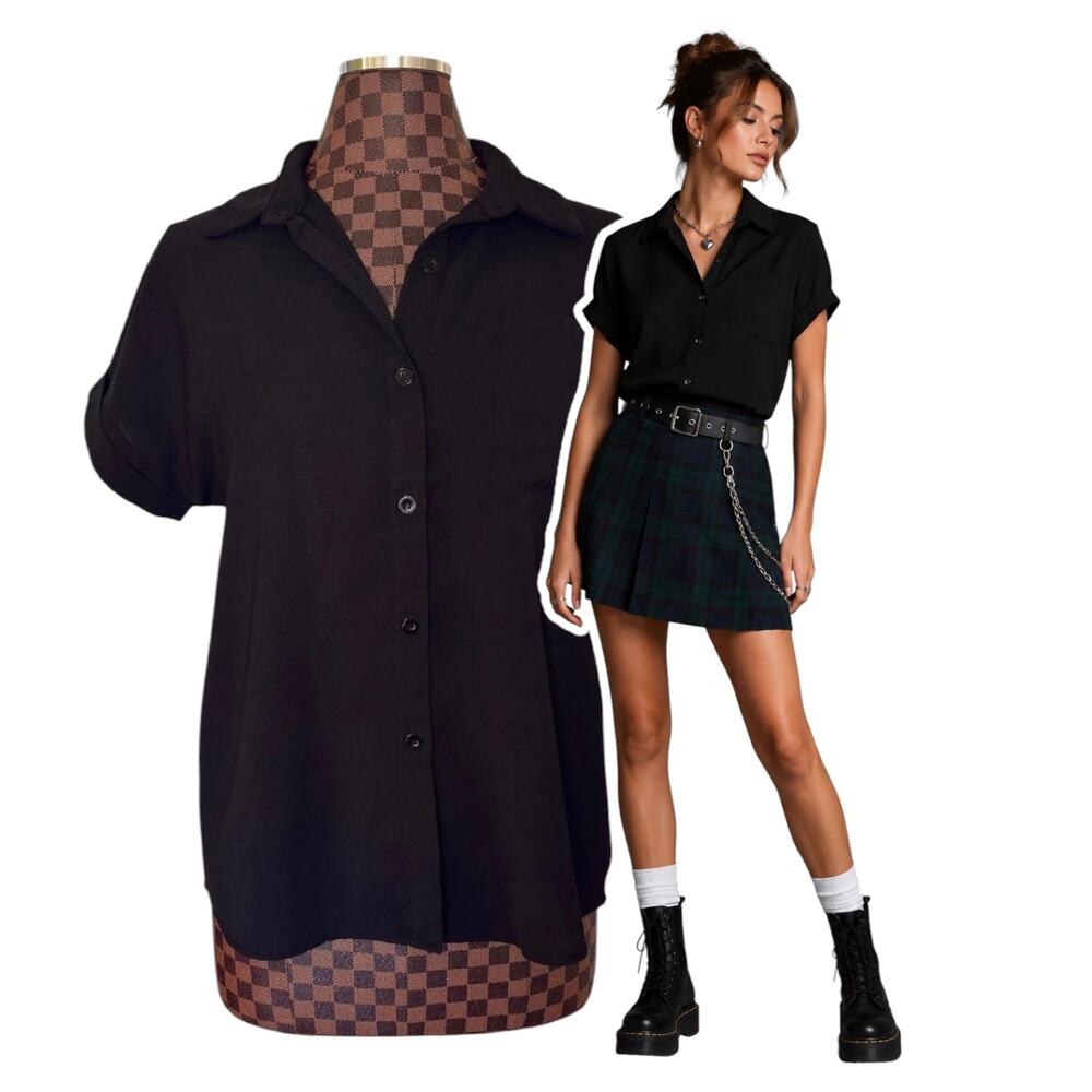 Dreimp Black Button Front Short Sleeve Blouse Shirt Top Womens M Minimalist